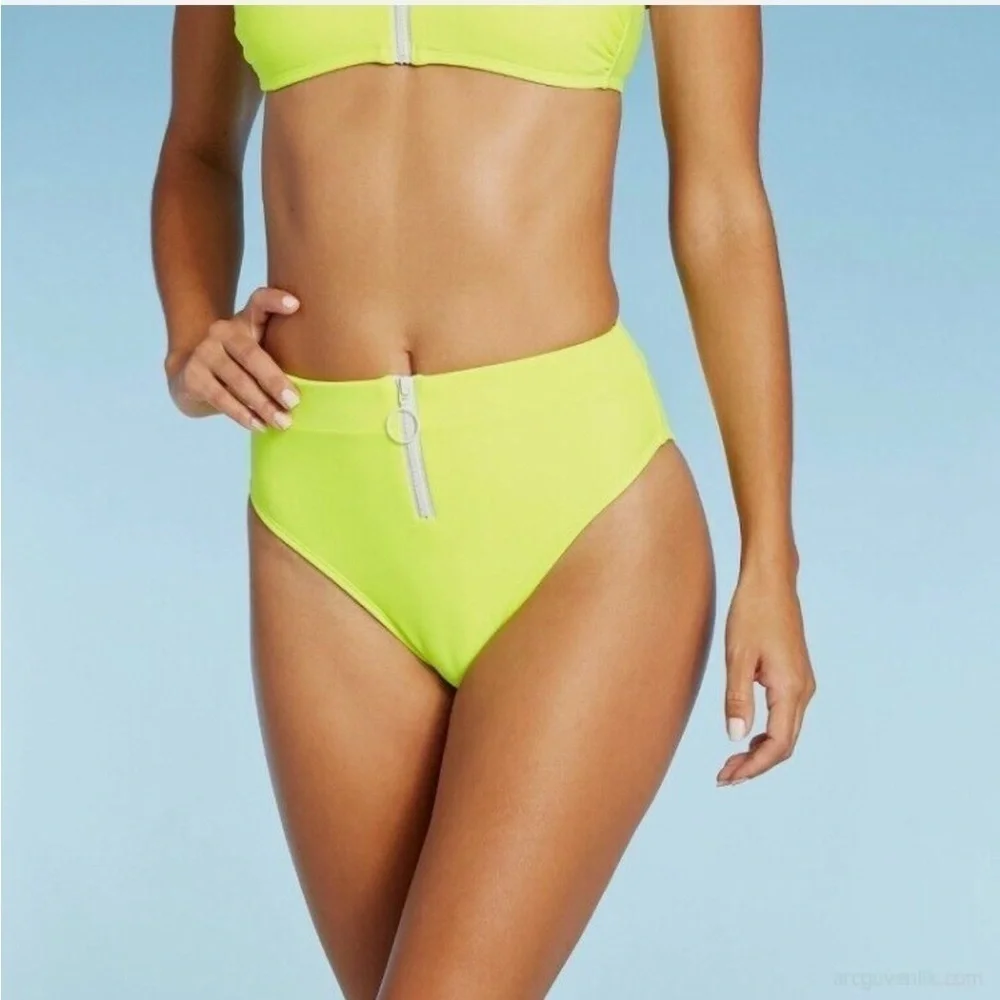 Neon Yellow High Waisted Bikini Bottoms with Zipper Size Large